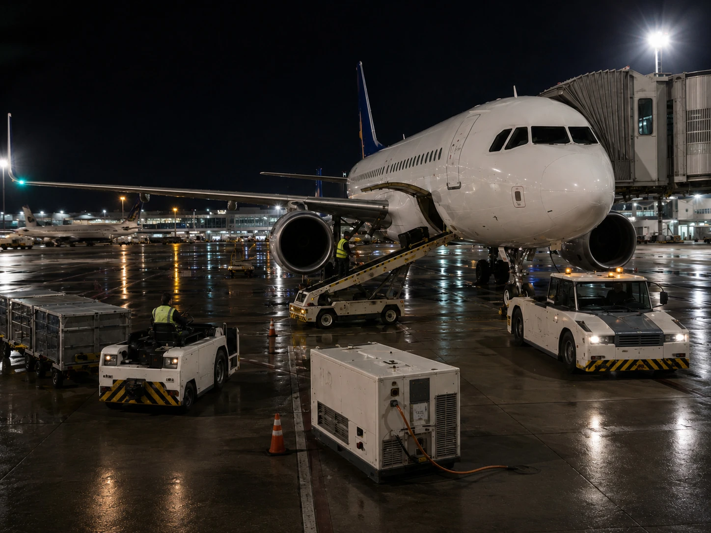 Night view of airport ramp with electric ground support vehicles, safety indicators, and digital dashboard showing battery monitoring data for real-time compliance oversight